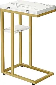 HOOBRO Foldable End Table, Gold C Shaped Side Table with Storage Shelf, Small Snack Table Suitable for Living Room Bedroom Small Spaces, Easy Assembly, Gold and Marble DM29SF01