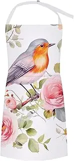[GHENBLT] Floral Robin Bird Chef Apron Cooking Aprons for Women with Pockets Waterproof Kitchen Bib Apron with Adjustable Neck Strap & Long Ties Grilling Aprons for Hairstylist Salon Nail Tech