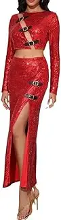 [LUXRUB] Women's Sexy 2 Piece Outfits Fashion Hollow Out Sparkling Long Sleeve Bodycon Crop Top High Slit Maxi Skirt Sets (Color : Red, Size : Small)