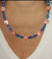 Handmade SET Floating Blue & Iridescent Flat Pink Glass beads