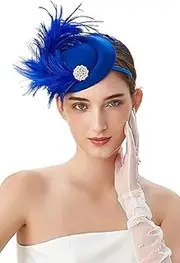[Generic] Tea Party Fascinator Hat Fascinator Hat Headband for Cocktail Retro Feather top hat Hair Accessory for Women Blue