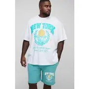 Mens Multi Plus Oversized New York Varsity Print T-Shirt & Overdye Slim Short Set