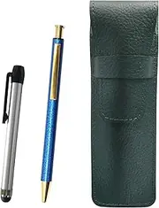SASMG-ALST-NQ26B-L Grain Leather Pen Case Moss Green Metal Touch Stick Silver and NQ26 All Metal Lizard Paint Retractable Ballpoint Pen Set Blue