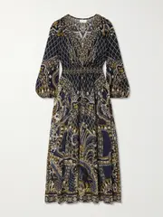 [Camilla] Camilla - Crystal-embellished Gathered Printed Silk-georgette Dress - Navy - x large x large Blue