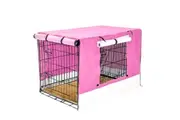 Wire Dog Cage Crate 48in with Tray + Cushion Mat + PINK Cover Combo
