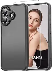 Yanjieer ESONG Matte Case for iPhone 16 Plus, with Camera Protection and 1 Screen Protector, Slim Translucent Frosted Shockproof Mobile Phone Case, Translucent PC Back TPU Bumper Black