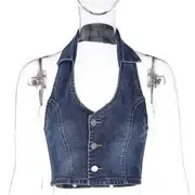 Halter V-Neck Button Denim Crop Top / High Waist Denim Mini Pencil Skirt Top - Blue - L