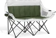 MoNiBloom Collapsible Double Camping Loveseat Chair Outdoor Beach Lawn Picnic Hiking Travel Portable Foldable Collapsible 2-Person Love Seat Camp Chair for Adults (Dark Green and Light Gray)