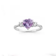 Silver Lavender Cubic Zirconia Heart With Cubic Zirconia Side Stones Ring in Purple