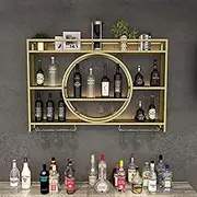 Modern Rustic Wall Mounted Bar Unit with Floating Shelf, Wine Glass Holder and Iron Display Stand, Wall Hanging Gold 120*15*80cm
