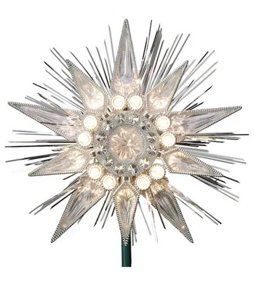 G.E Silver Jewel Star Christmas Tree Topper 21 Clear Lights 9 Inch New In Box