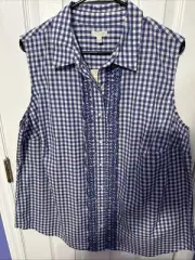 Talbots Blue & White Gingham Sleeveless Ruffle Button Front Top Blouse Size 2X