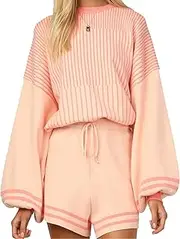 [Flygo] 2 Piece Outfits for Women Knitted Sets Striped Long Sleeve Pullover Sweater Shorts Lounge Set Tracksuits