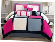 7 Piece Pink, Grey Color Bedding (104inchX 92inch) Comforter Set Micro Suede