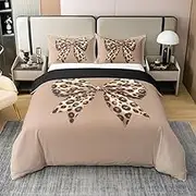 Castle Fairy Leopard Print Bow 100% Natural Cotton Duvet Cover Queen Princess Style Bow-tie Girly Comforter Cover Chic Modern Brown Gradient Bedding Set 3 Pcs Bed Cover,Comforter Not Included