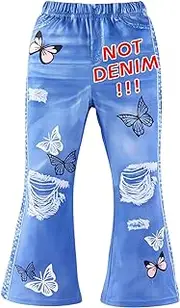 [BomDeals] Toddler Girls Imitation Denim Print Flare Pants - Cute Butterfly Little Kids Jeans Casual Frayed Wide Leg Bottoms