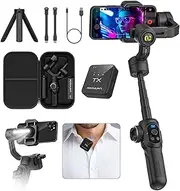 S2 Pro Smartphone Gimbal Stabilizer with Wireless Lavalier Microphone, Built-in 18cm Extension Pole and Fill Light, Professional 3-Axis Gimbal for iPhone and Android Video Recording