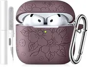 [Ouwegaga] Compatible with Apple AirPods 4th Generation Case Cover(2024), Soft Silicone Flower Print Engraved Full Protective Cover for AirPods 4 Case (USB-C) with Keychain for Women Men, Smoke Purple