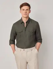 Hawes & Curtis Dark Green Pure Linen Slim Safari Shirt Size: XXL