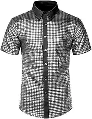 Mens 70s Disco Shirt Sequins Shiny Short Sleeve Button Down Shirts Party Disco Outfit Costume Top for Nightclub Party
