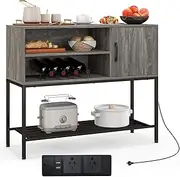 Giantex Buffet Sideboard with Power Outlets & USB Ports, Coffee Bar Cabinet with Wine Racks & Storage Shelves, Wooden Console Table Metal Frame for Dining Room, Living Room, Entryway (Grey)