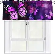 LHBWCVN Purple Butterflies Valances for Windows, Rod Pocket Window Treatment Drapes Farmhouse Kitchen Curtains Short Blackout Window Curtains for Living Room Bedroom Decor 54x18 Inch