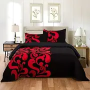 Ultra Soft Microfbire Quilt Doona Duvet Cover Set-Grandeur Red Black (King Single)