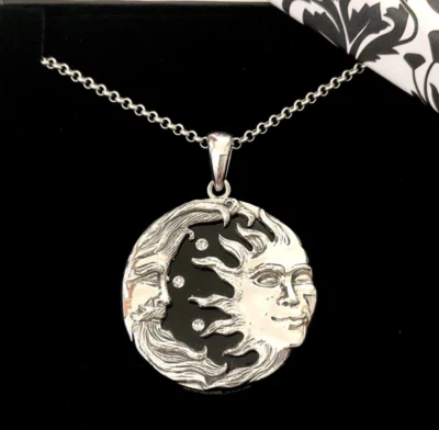 Celestial Sun & Moon face Sterling Silver Black Pendant & belcher Chain Necklace