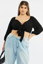 Black Bolero Jacket Tie Front Wrap Puff Sleeve