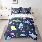 Feelyou Blue Sea Turtle 7 Pieces Bedding Set Dolphin Full Comforter Set with Sheets for Toddler Kids Boys Girls Teens Room Decor Ocean Bed in a Bag Beach Coastal Bed Set Hawaiian Beach