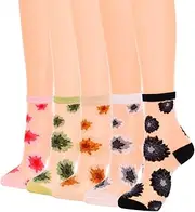 [Campsis] Flower Sheer Socks Flower Patterned See Through Sock Lace Nylon Dress Socks for Women and Girls(5 Pairs)
