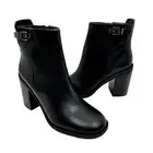 NEW Franco Sarto Rivet 6 Blk Leather Zip Up Chunky Block Heel Bootie Ankle Boot