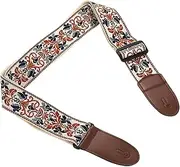 uxcell Guitar Strap, Cotton Webbing Leather Ends Straps Vintage Embroidered 2" Wide Adjustable Straps with Black Plastic Buckle for Acoustic, Electric, Bass Guitars, Red Pattern