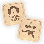 Star Wars Inspired Couples Coaster Set | His and Hers Gift | Wedding, 5th Wooden Anniversary, Valentines Day, Secret Santa| I Love You/I Know Design | Engraved Coaster Set of 2 - Unofficial Fan Item