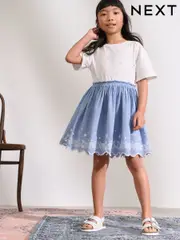 White/Blue Daisy Trim Embroidered 100% Cotton Skirt Dress (3-12yrs) (AK1626) | $48 - $57