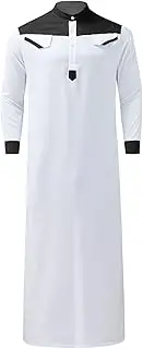 [Generic] Men's Casual Long Thobe Color Contrast Muslim Robe Long Sleeve Half Zipper Jubba Thobes Pocket Button Collar Thobe Stylish Collar Shirts for Men