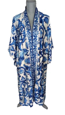 haute hippie rayon porcelain blue white reversible kimono belt robe, S, NWT $110