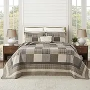 Quilta 100% Cotton California King Size Bedspread Set - Farmhouse Patchwork Plaid Rustic Quilt 120"x120"- Four Seasons Soft Lightweight Comforter,3pcs with 2 Pillowshams, Gray Beige Brown