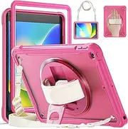 AVAKOT iPad 9th/8th/7th Generation Case-Built-in Screen Protector, Shockproof with Pencil Holder 360° Rotating Hand Strap&Kickstand, Shoulder Strap, for iPad 10.2 inch Case 2021/2020/2019(Rose)