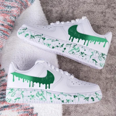 Air Force 1 Custom Shoes, Emerald Green White Splatter Dripping Swoosh Men Women
