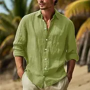 Men's Shirt Cotton Linen Shirt Summer Shirt Beach Wear Button Up Shirt Plain Vacation Curise Black White Pink Navy Blue Long Sleeve Lapel Spring Summer Clothi