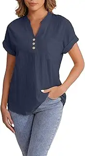 [Generic] Women Button Up Solid Color Short Sleeve Leisure T Shirt Ladies V Neck Button Down Short Sleeved Top T Shirt Relaxed Fit Tee Shirt