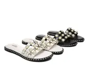 TARRAMARRA® Women Leather Pearls Flat Slides Junia - Cream / AU Ladies 8 / AU Men 6 / EU 39