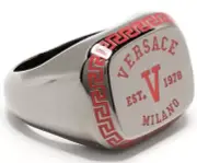 NIB Versace Varsity V Logo Greek Key Red Ruthenium Signet Ring Sz 21 US 9 $495