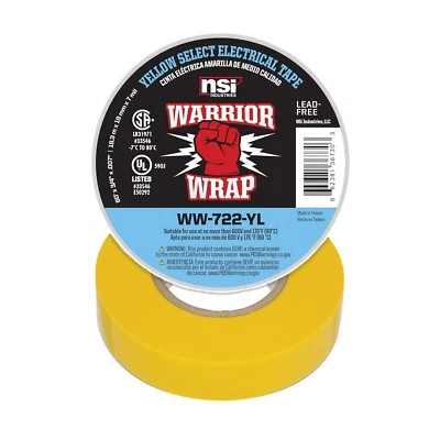 Yellow Warrior Wrap WW-722-YL Vinyl Electrical Tape, 7 Mil 3/4" Width 60' Length