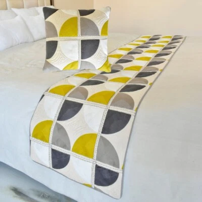 Luxury Yellow Cotton King Bed Runner, Emboroidered, Geometric - Geo Fusion
