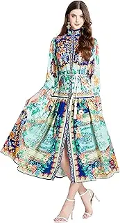 [LAI MENG FIVE CATS] Women's Floral Print Collared Neck 3/4 Sleeves Long Maxi Casual Shirts Dress