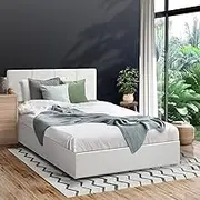 Oikiture Gas Lift Bed Frame King Single Bed with PU Leather and Storage Place White