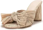 [VETASTE] Women's Pleated Bow Knot Heeled Sandals Comfortable Slip On Open Toe Block Chunky Heel Slides Bridal Wedding Dress Shoes