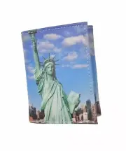 NYC Skyline Mens Trifold Statue of Liberty Logo Leather Wallet W Design Box Free